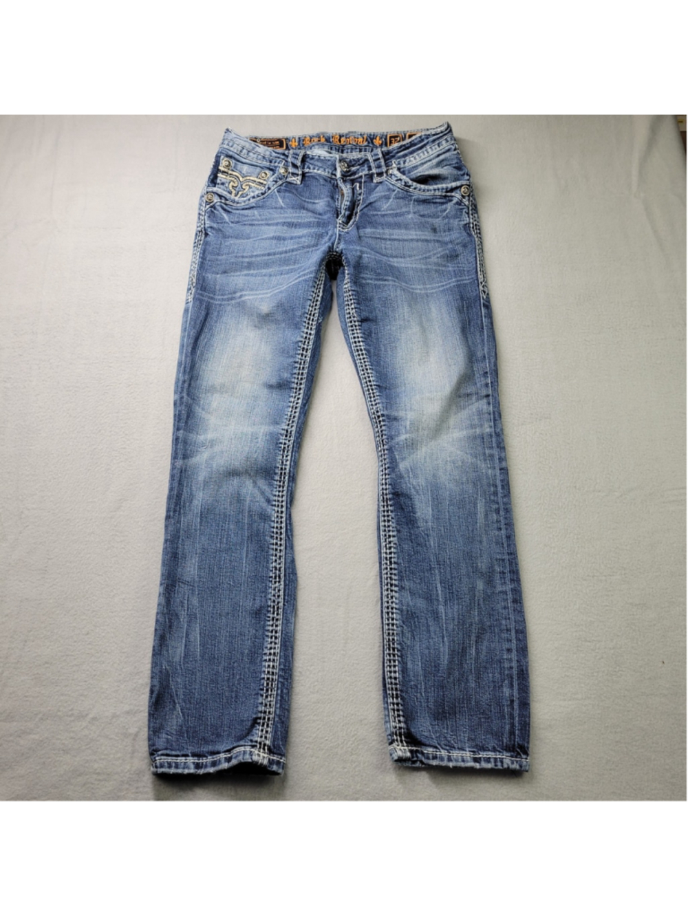 Rock Revival Triton Slim Straight Jeans Mens 32x30 Blue Embroidered Fleur De Lis - Picture 4 of 14
